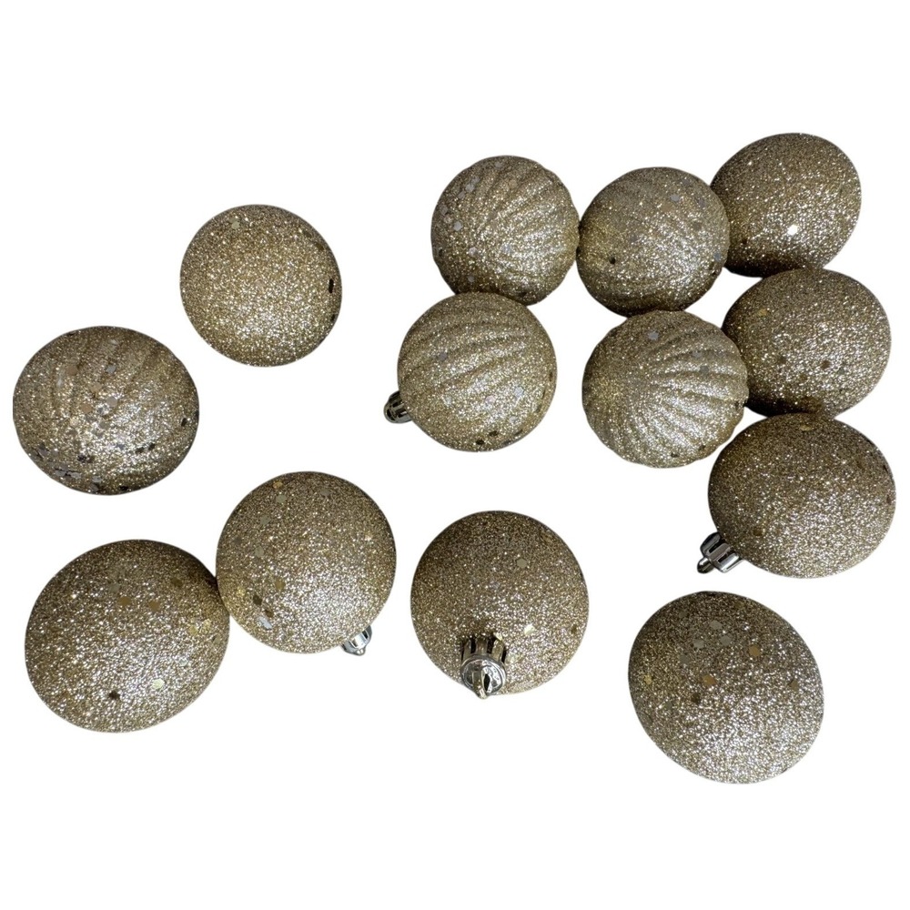 12pc Gold Glitter Christmas Ball Ornaments Ribbed Smooth Holiday Decor 2.25in